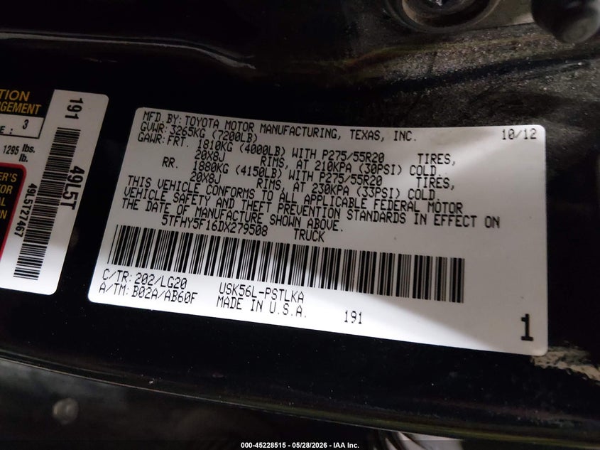2013 Toyota Tundra VIN 5TFHY5F16DX279508 IAAI salvage auction — FRONT END, Salvage Title, sold $6,000 on 2026-07-10 (photo 9)