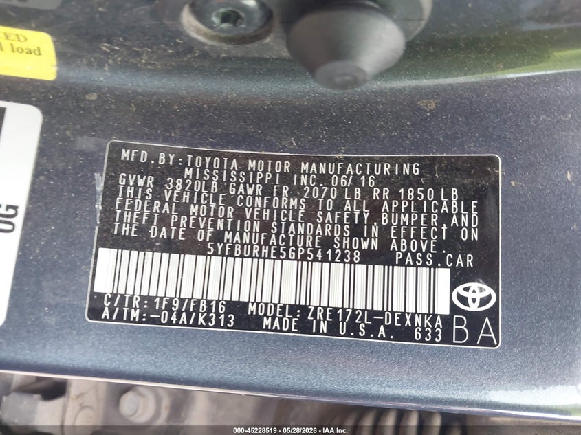 2016 Toyota Corolla VIN 5YFBURHE5GP541238 IAAI salvage auction — FRONT END, Salvage Title, sold $2,050 on 2026-07-21 (photo 9)