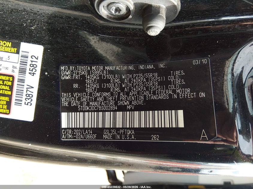 2011 Toyota Sienna VIN 5TDDK3DC7BS002894 IAAI salvage auction — LEFT REAR, Clear (Virginia), sold $3,150 on 2026-07-14 (photo 9)