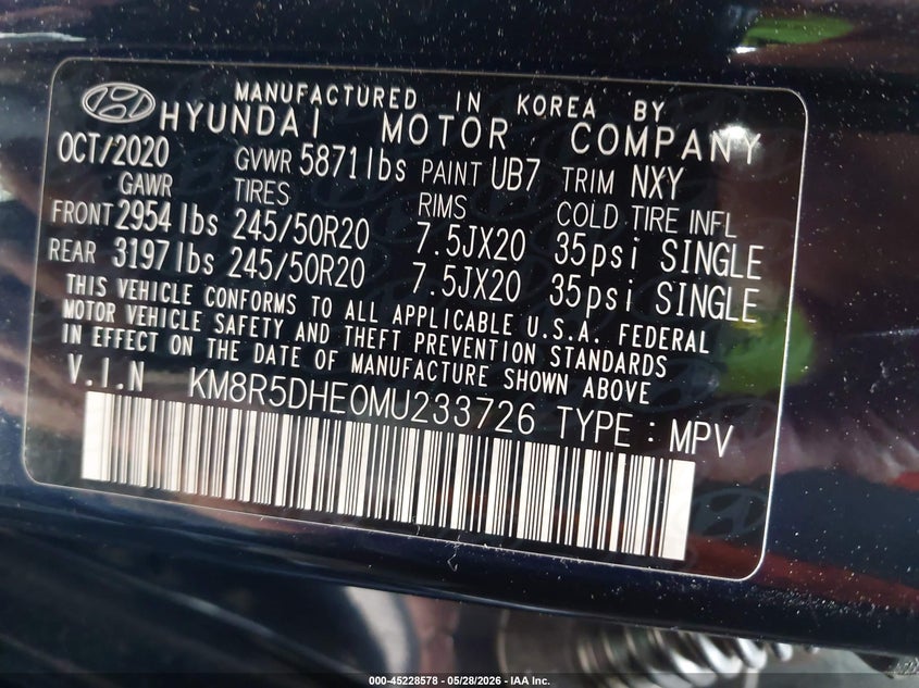 2021 Hyundai Palisade VIN KM8R5DHE0MU233726 IAAI salvage auction — LEFT FRONT, Salvage Title, sold $5,250 on 2026-07-20 (photo 9)