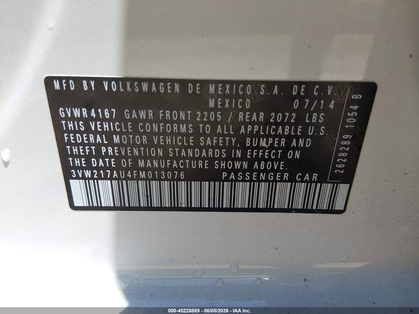 2015 Volkswagen Golf VIN 3VW217AU4FM013076 IAAI salvage auction — SIDE, Salvage (Mississippi), sold $1,650 on 2026-07-10 (photo 9)