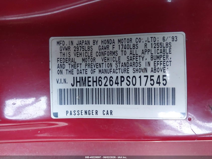 1993 Honda Civic VIN JHMEH6264PS017545 IAAI salvage auction — FRONT END, Salvage (California), sold $300 on 2026-07-25 (photo 9)