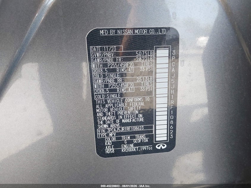 2024 Infiniti Qx55 VIN 3PCAJ5JR1RF108623 IAAI salvage auction — HAIL, Salvage Title, sold $9,550 on 2026-07-28 (photo 9)