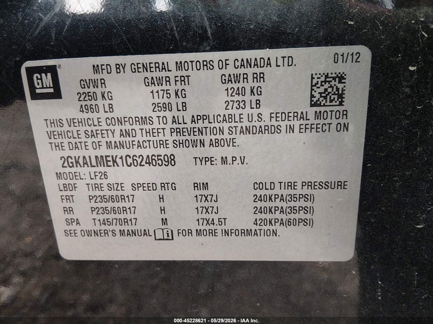 2012 Gmc Terrain VIN 2GKALMEK1C6246598 IAAI salvage auction — FRONT END, Salvage Title, sold $325 on 2026-07-18 (photo 9)