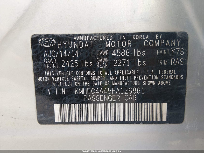 2015 Hyundai VIN KMHEC4A45FA126861 IAAI salvage auction — LEFT FRONT, Salvage (Illinois), sold $275 on 2026-07-14 (photo 9)