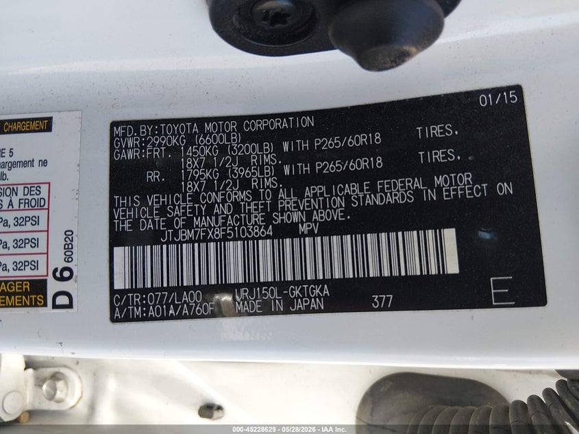 2015 Lexus Gx VIN JTJBM7FX8F5103864 IAAI salvage auction — FRONT & REAR, Salvage (Nevada), sold $3,250 on 2026-07-24 (photo 9)