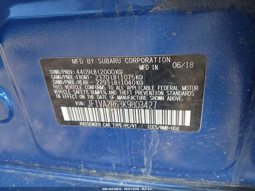 2019 Subaru Wrx sti VIN JF1VA2R63K9803427 IAAI salvage auction — FRONT END, Salvage (North Carolina), sold $5,300 on 2026-07-31 (photo 9)