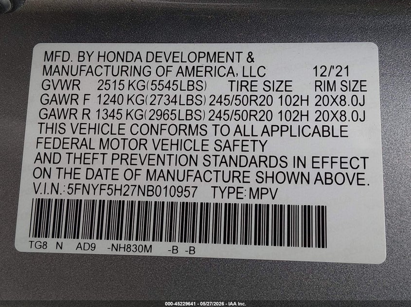 2022 Honda Pilot VIN 5FNYF5H27NB010957 IAAI salvage auction — LEFT SIDE, Salvage (California), sold $7,100 on 2026-07-29 (photo 9)