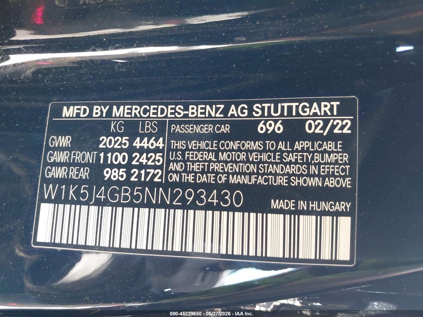 2022 Mercedes-benz VIN W1K5J4GB5NN293430 IAAI salvage auction — LEFT FRONT, Salvage (California), sold $11,000 on 2026-07-10 (photo 9)