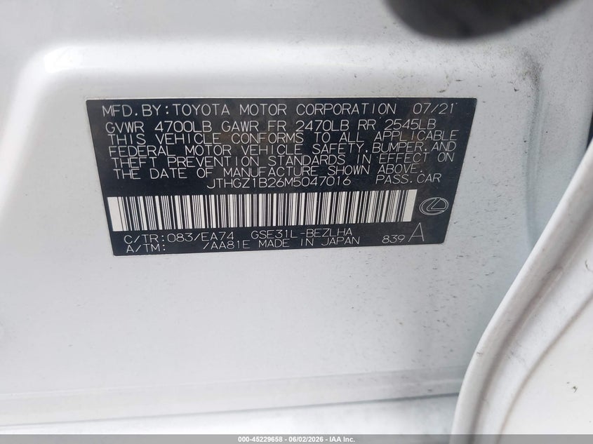 2021 Lexus Is VIN JTHGZ1B26M5047016 IAAI salvage auction — REAR END, Salvage Title, sold $13,100 on 2026-07-22 (photo 9)