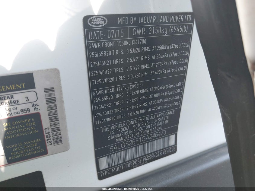 2016 Land rover RANGE ROVER VIN SALGS2EF1GA246473 IAAI salvage auction — LEFT FRONT, Salvage Certificate (California), sold $25 on 2026-07-29 (photo 9)
