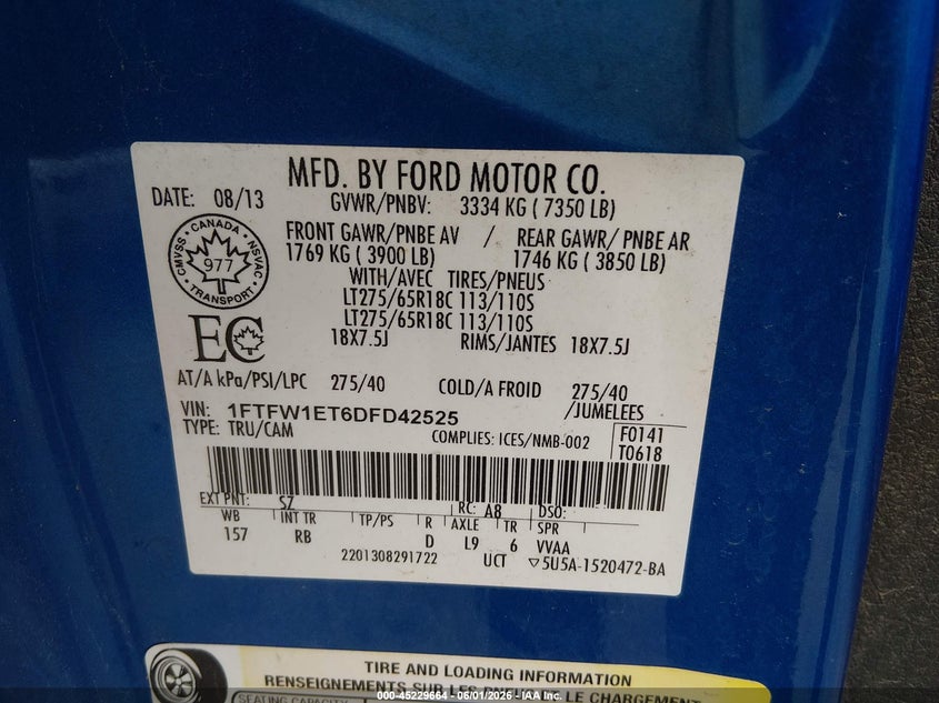 2013 Ford F-150 VIN 1FTFW1ET6DFD42525 IAAI salvage auction — NORMAL WEAR, Original (Ohio), sold $700 on 2026-07-05 (photo 9)