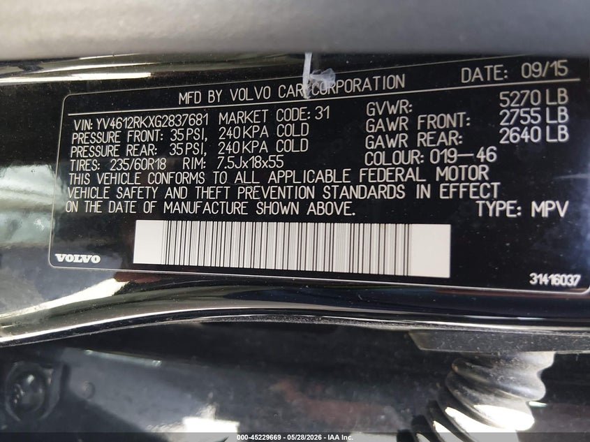 2016 Volvo Xc60 VIN YV4612RKXG2837681 IAAI salvage auction — SIDE, Salvage (Colorado), sold $2,225 on 2026-08-11 (photo 9)