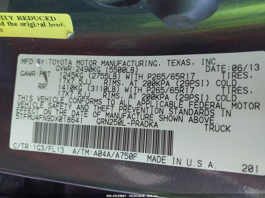 2013 Toyota Tacoma VIN 5TFMU4FN9DX018641 IAAI salvage auction — FRONT END, Clear (Tennessee), sold $650 on 2026-07-30 (photo 9)