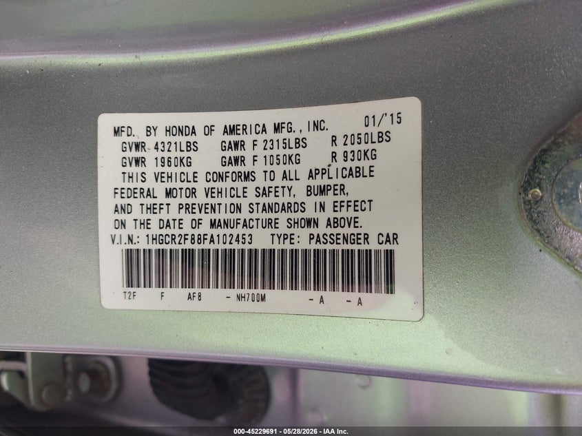 2015 Honda Accord VIN 1HGCR2F88FA102453 IAAI salvage auction — ENGINE BURN, Salvage Title, sold $25 on 2026-07-21 (photo 9)