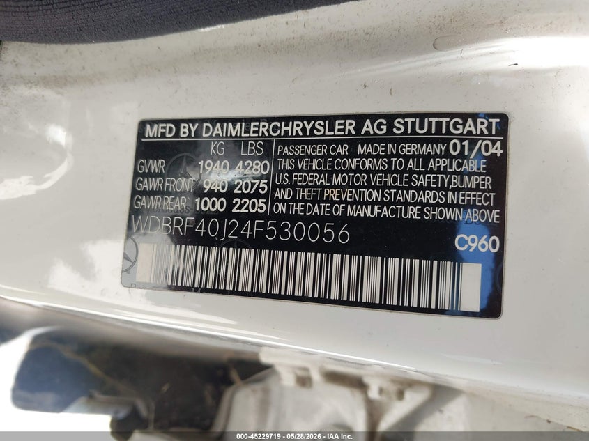 2004 Mercedes-benz C class VIN WDBRF40J24F530056 IAAI salvage auction — ENGINE DAMAGE, Original (Texas), sold $225 on 2026-07-20 (photo 9)