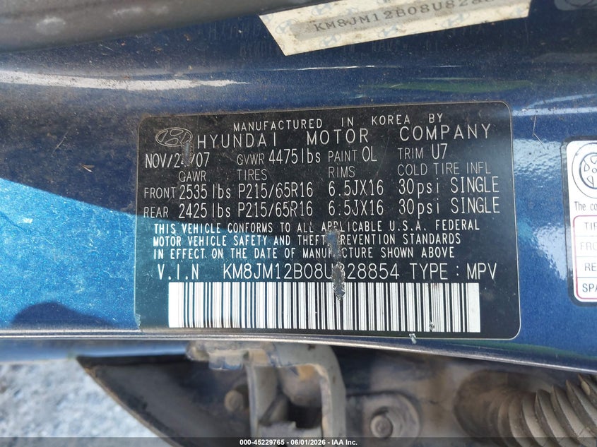 2008 Hyundai Tucson VIN KM8JM12B08U828854 IAAI salvage auction — NORMAL WEAR, Clear (Washington), sold $375 on 2026-07-08 (photo 9)