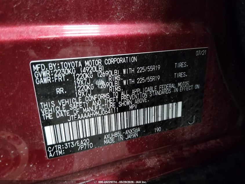 2021 Toyota Venza VIN JTEAAAAH9MJ064111 IAAI salvage auction — FRONT END, Salvage Title, sold $400 on 2026-07-10 (photo 9)