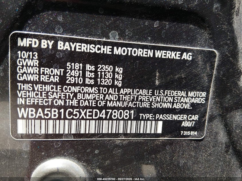 2014 BMW VIN WBA5B1C5XED478081 IAAI salvage auction — FRONT END, Salvage (California), sold $700 on 2026-07-06 (photo 9)