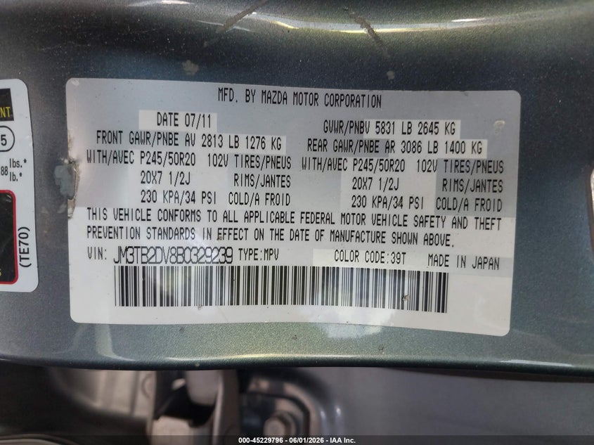 2011 Mazda Cx-9 VIN JM3TB2DV8B0329239 IAAI salvage auction — VANDALISM, Salvage Certificate (California), sold $175 on 2026-07-15 (photo 9)