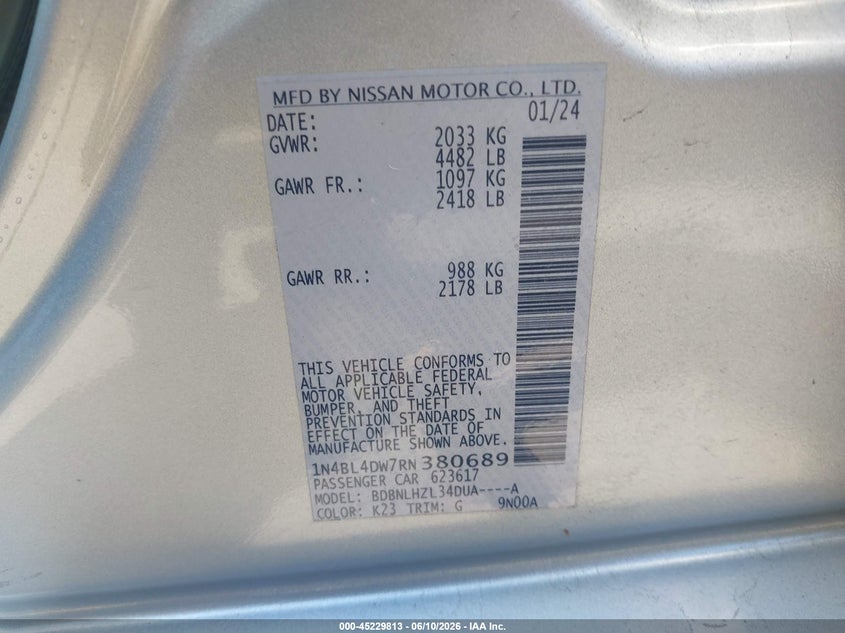 2024 Nissan Altima VIN 1N4BL4DW7RN380689 IAAI salvage auction — HAIL, Salvage (Ohio), sold $7,675 on 2026-07-28 (photo 9)