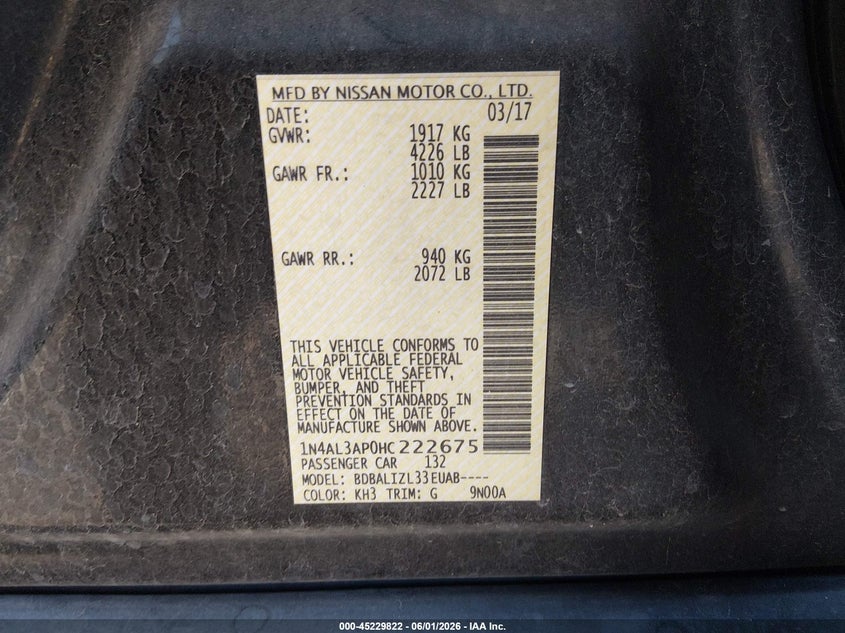 2017 Nissan Altima VIN 1N4AL3AP0HC222675 IAAI salvage auction — RIGHT FRONT, Salvage Title, sold $625 on 2026-07-22 (photo 9)