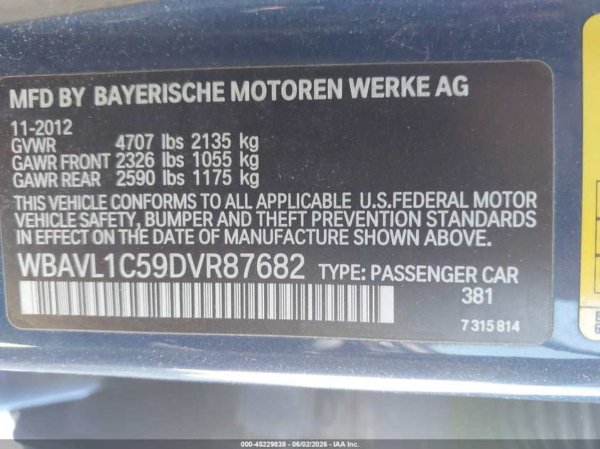 2013 BMW X1 VIN WBAVL1C59DVR87682 IAAI salvage auction — RIGHT REAR, Salvage Title, sold $500 on 2026-07-30 (photo 9)