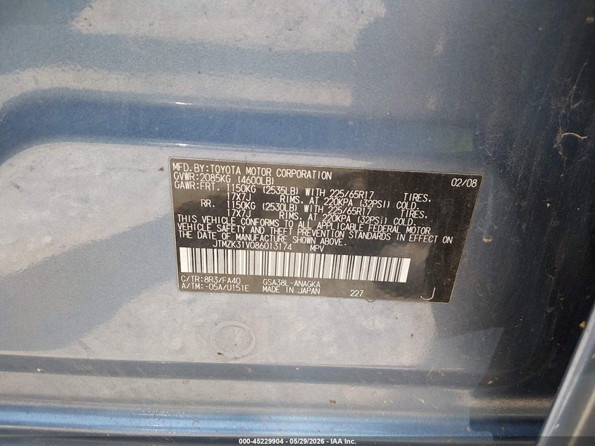 2008 Toyota Rav4 VIN JTMZK31V086013174 IAAI salvage auction — BIOHAZARD/CHEMICAL, Original (Kentucky), sold $25 on 2026-07-29 (photo 9)
