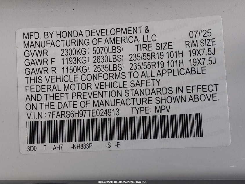 2026 Honda VIN 7FARS6H97TE024913 IAAI salvage auction — FRONT END, Salvage (California), sold $12,000 on 2026-07-13 (photo 9)