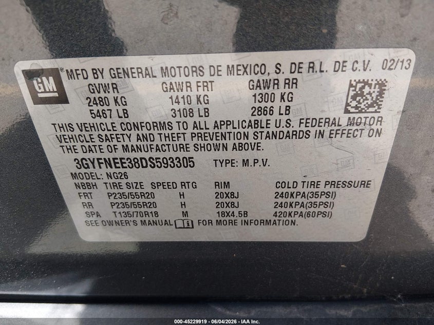 2013 Cadillac Srx VIN 3GYFNEE38DS593305 IAAI salvage auction — FRONT END, Salvage Title, sold $925 on 2026-08-25 (photo 9)