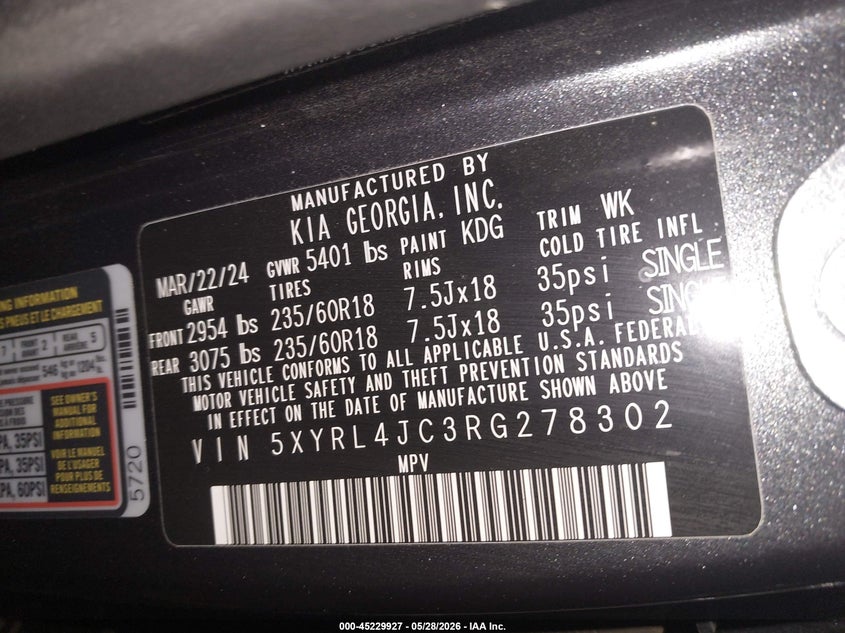 2024 Kia Sorento VIN 5XYRL4JC3RG278302 IAAI salvage auction — RIGHT SIDE, Salvage Title, sold $6,600 on 2026-07-28 (photo 9)