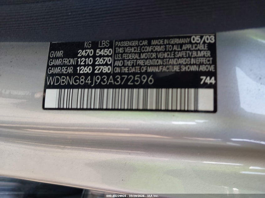 2003 Mercedes-benz S class VIN WDBNG84J93A372596 IAAI salvage auction — LEFT REAR, Bill Of Sale (Washington), sold $375 on 2026-07-07 (photo 9)