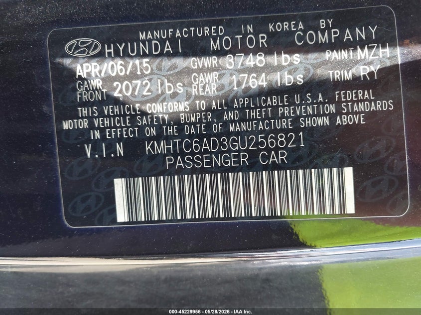 2016 Hyundai Veloster VIN KMHTC6AD3GU256821 IAAI salvage auction — FRONT END, Salvage Title, sold $425 on 2026-07-21 (photo 9)