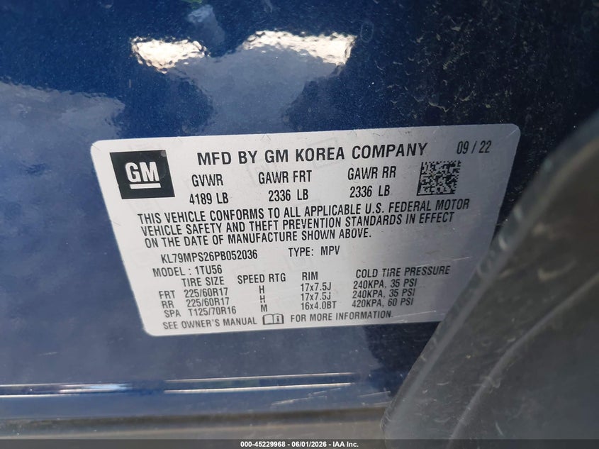 2023 Chevrolet Trailblazer VIN KL79MPS26PB052036 IAAI salvage auction — FRONT END, Salvage Title, sold $1,900 on 2026-07-07 (photo 9)