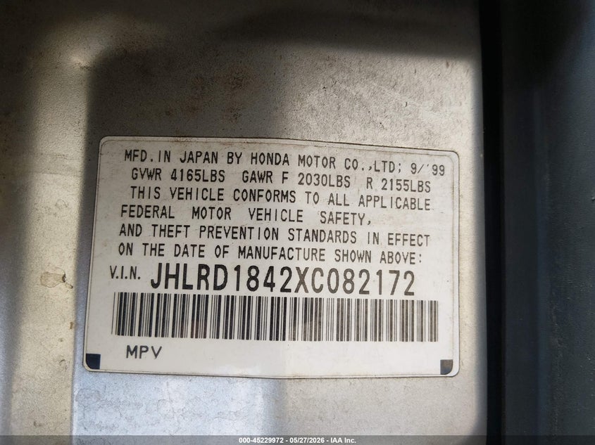 1999 Honda Cr-v VIN JHLRD1842XC082172 IAAI salvage auction — RIGHT FRONT, Salvage (Oregon), sold $1,625 on 2026-07-06 (photo 9)