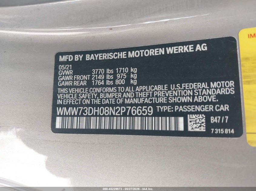 2022 Mini VIN WMW73DH08N2P76659 IAAI salvage auction — RIGHT FRONT, Salvage (California), sold $7,500 on 2026-07-15 (photo 9)