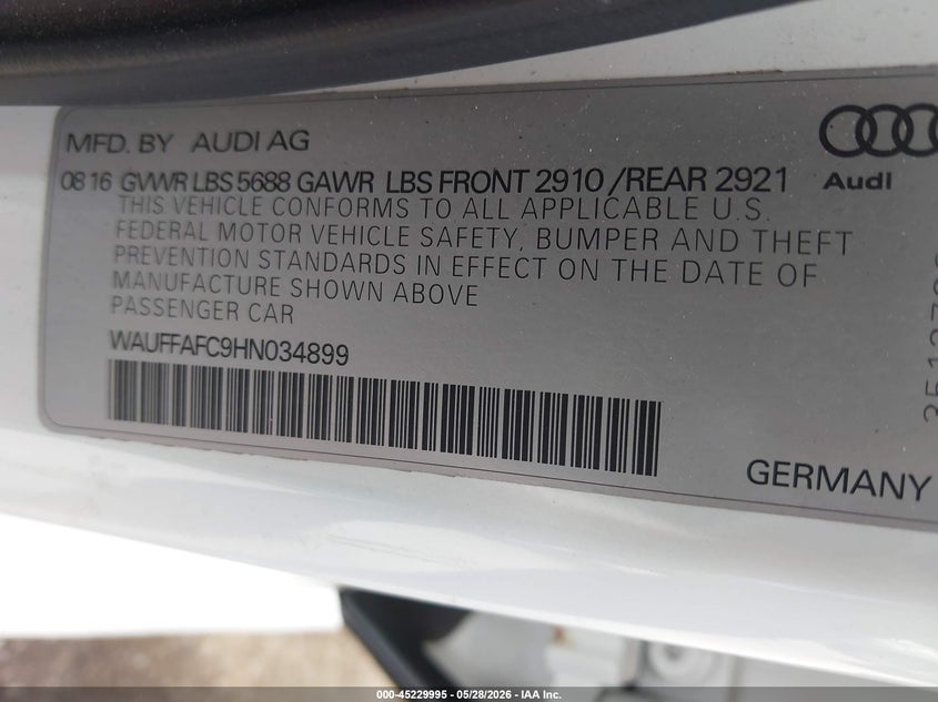 2017 Audi S6 VIN WAUFFAFC9HN034899 IAAI salvage auction — FRONT END, Salvage (California), sold $3,200 on 2026-07-29 (photo 9)