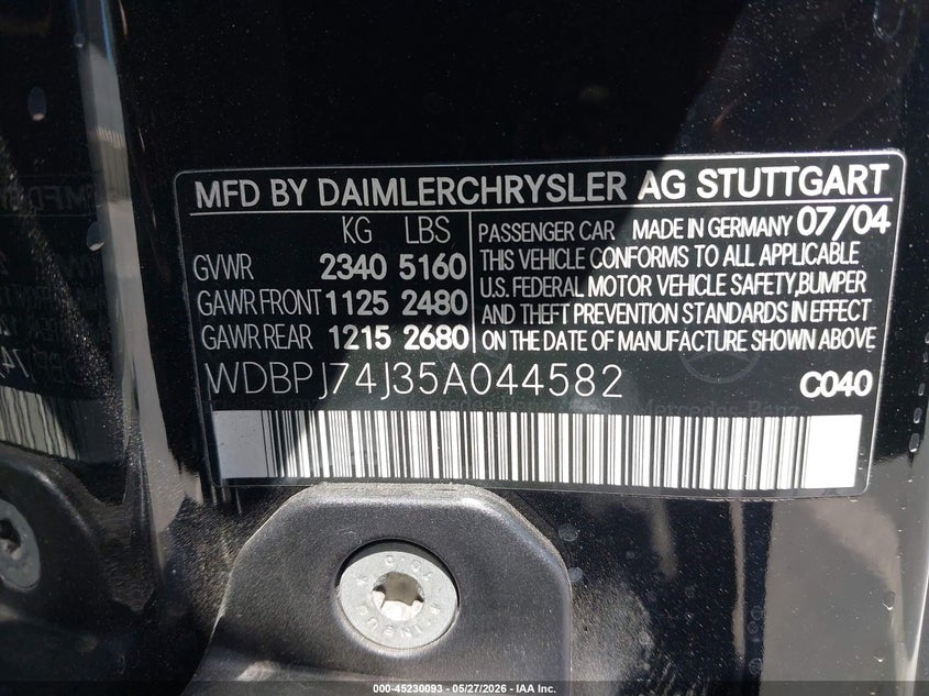 2005 Mercedes-benz Cl-class VIN WDBPJ74J35A044582 IAAI salvage auction — LEFT SIDE, Salvage (California), sold $3,400 on 2026-07-08 (photo 9)