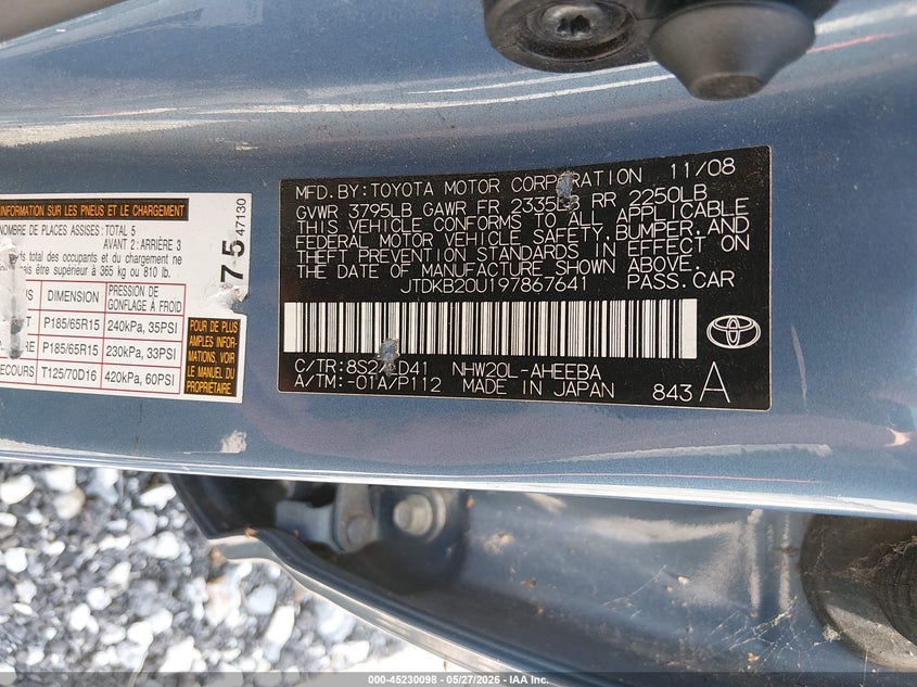 2009 Toyota Prius VIN JTDKB20U197867641 IAAI salvage auction — NORMAL WEAR, Salvage (Arkansas), sold $650 on 2026-07-09 (photo 9)