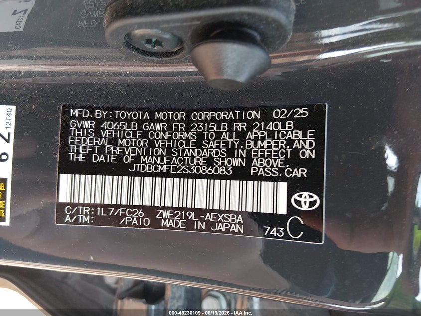 2025 Toyota Corolla VIN JTDBCMFE2S3086083 IAAI salvage auction — HAIL, Clear (Missouri), sold $15,000 on 2026-07-13 (photo 9)