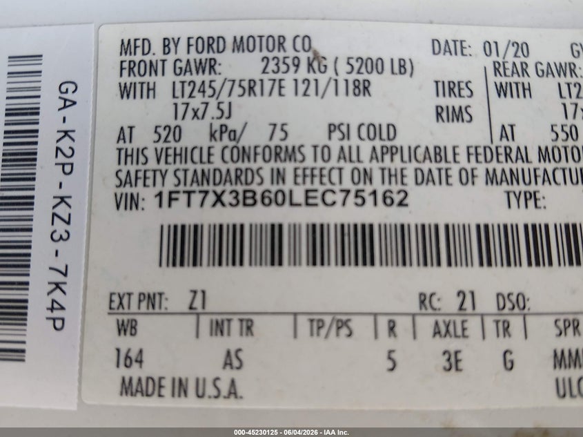 2020 Ford F350 VIN 1FT7X3B60LEC75162 IAAI salvage auction — NORMAL WEAR, Clear (Louisiana), sold $775 on 2026-07-09 (photo 9)