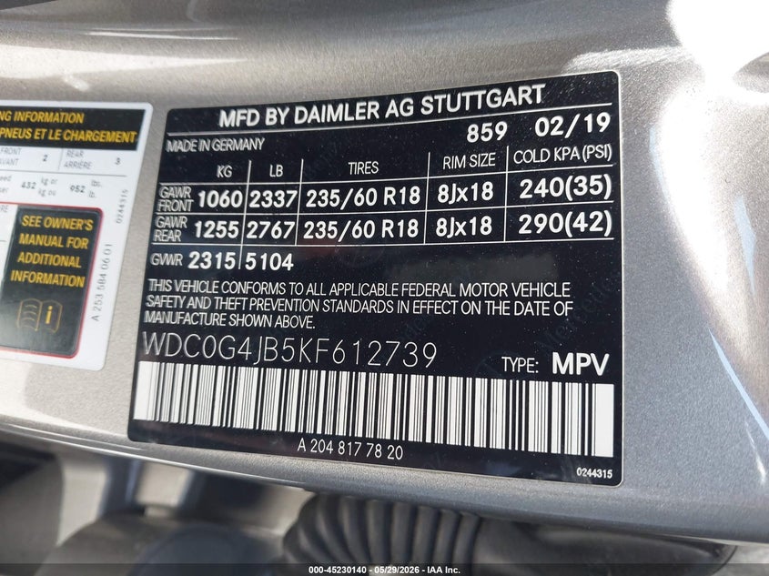 2019 Mercedes-benz Glc VIN WDC0G4JB5KF612739 IAAI salvage auction — FRONT END, Salvage (California), sold $2,300 on 2026-08-13 (photo 9)
