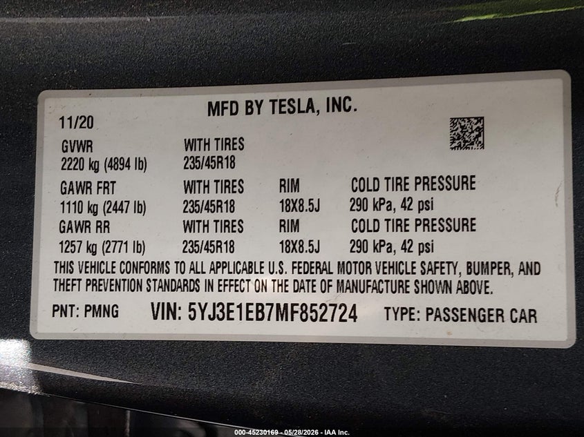 2021 Tesla Model 3 VIN 5YJ3E1EB7MF852724 IAAI salvage auction — SIDE, Salvage (California), sold $3,250 on 2026-07-29 (photo 9)