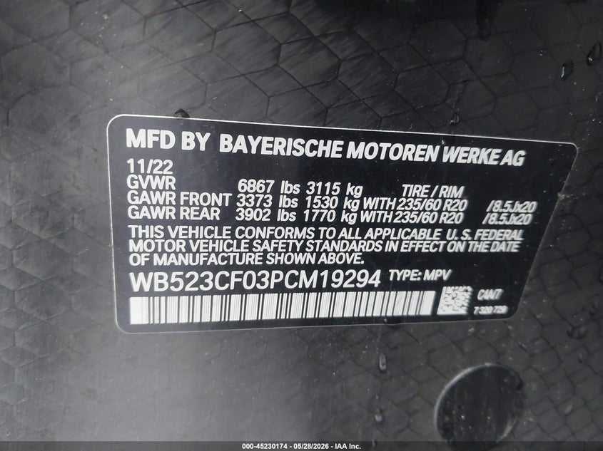 2023 BMW Ix VIN WB523CF03PCM19294 IAAI salvage auction — FRONT & REAR, Salvage (California), sold $5,200 on 2026-07-06 (photo 9)