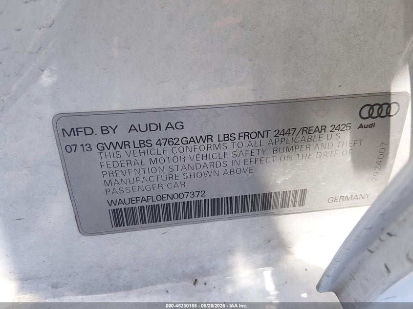 2014 Audi A4 VIN WAUEFAFL0EN007372 IAAI salvage auction — FRONT END, Salvage Title, sold $950 on 2026-07-17 (photo 9)