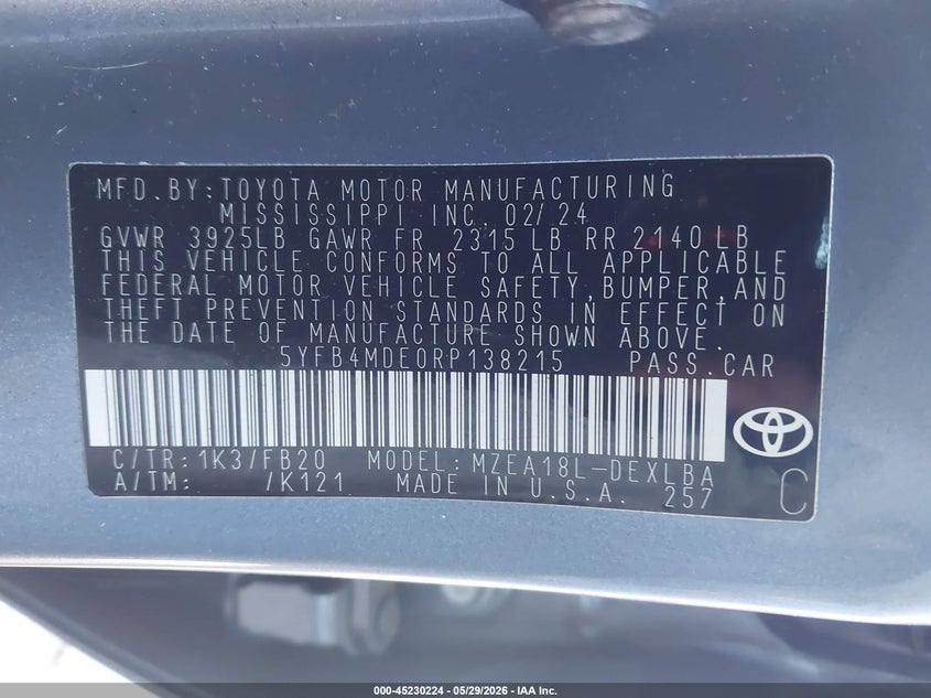 2024 Toyota Corolla VIN 5YFB4MDE0RP138215 IAAI salvage auction — FRONT END, Clear (Colorado), sold $4,725 on 2026-07-28 (photo 9)