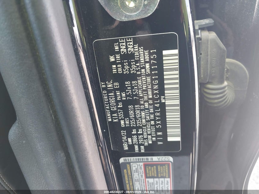 2022 Kia Sorento VIN 5XYRL4LCXNG111751 IAAI salvage auction — HAIL, Salvage Title, sold $10,900 on 2026-07-22 (photo 9)