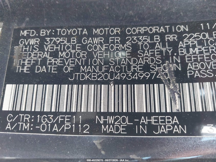 2009 Toyota Prius VIN JTDKB20U493499740 IAAI salvage auction — RIGHT SIDE, Salvage (California), sold $575 on 2026-07-20 (photo 9)