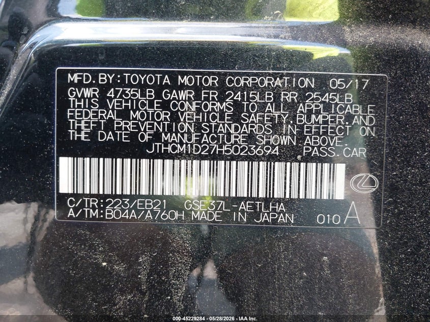 2017 Lexus Is VIN JTHCM1D27H5023694 IAAI salvage auction — FRONT END, Salvage Title, sold $700 on 2026-07-23 (photo 9)
