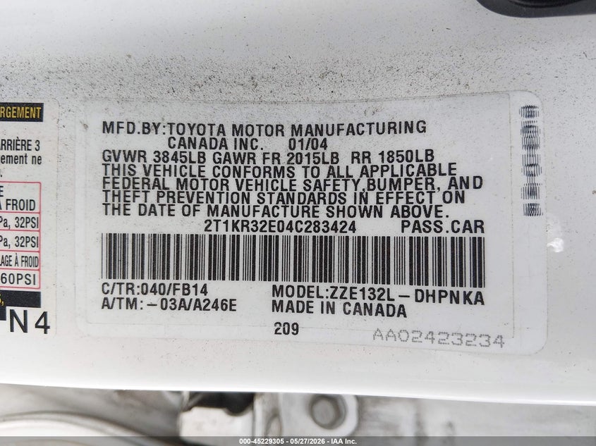 2004 Toyota Matrix VIN 2T1KR32E04C283424 IAAI salvage auction — REAR END, Salvage (California), sold $1,050 on 2026-07-09 (photo 9)